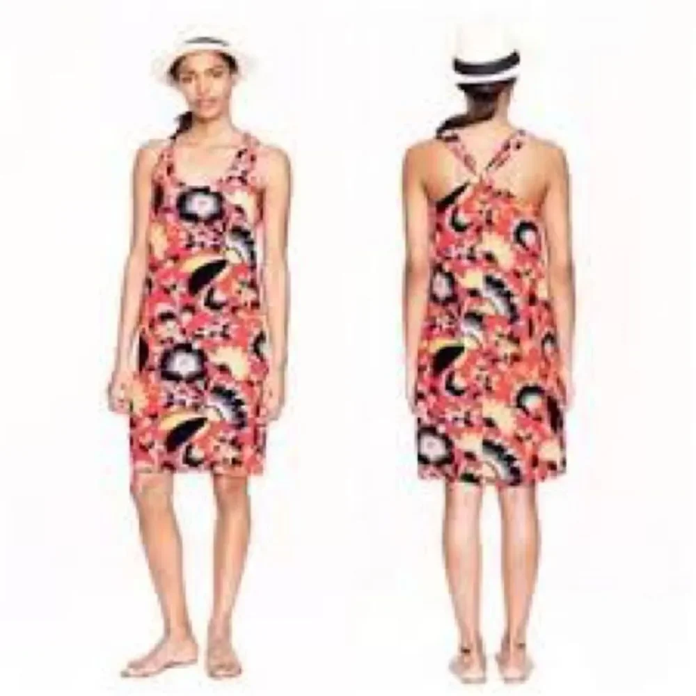 J Crew Tropical Silk Hibiscus Coral Twist Back Sundress